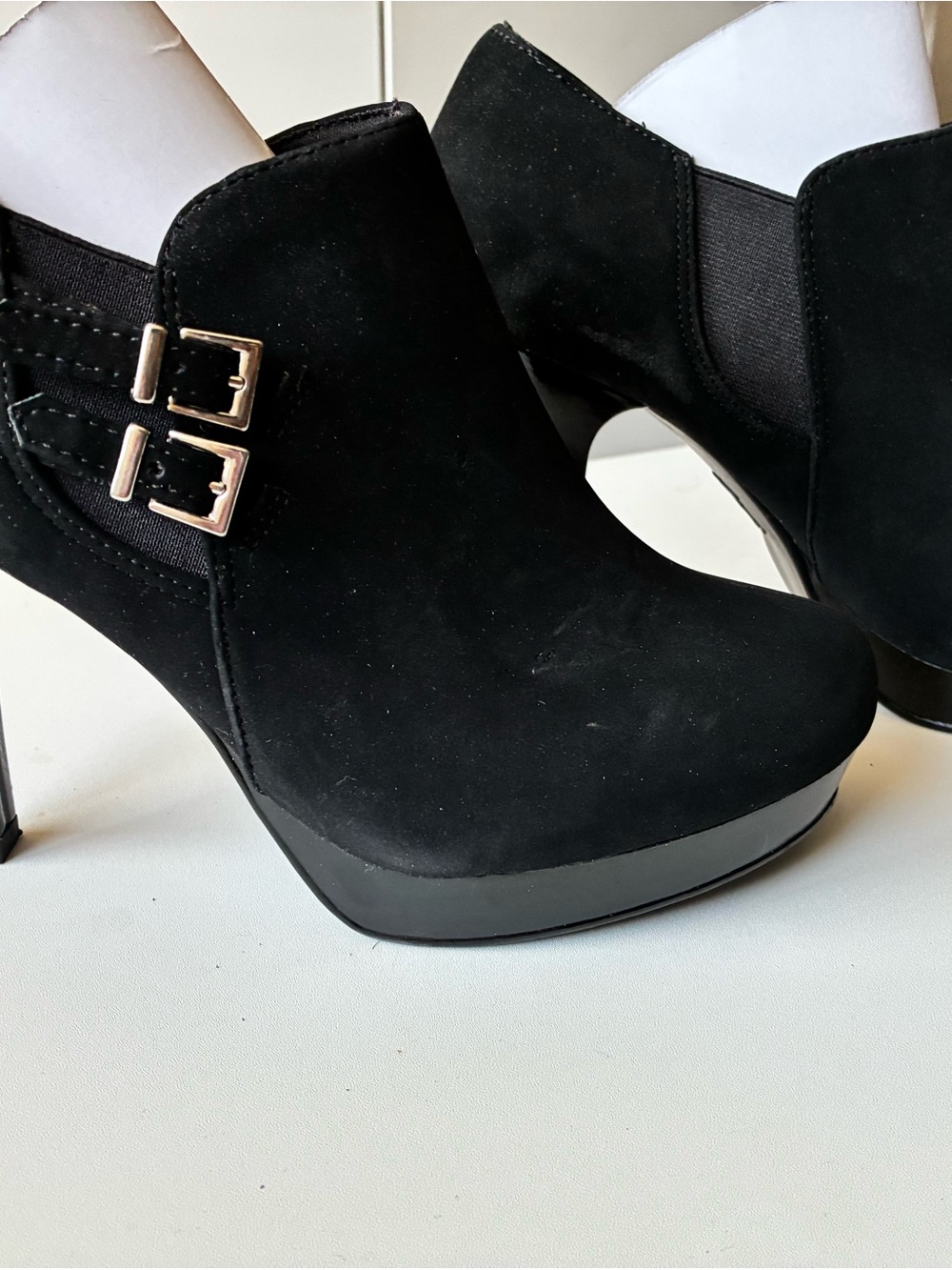FIONI Black Suede High Heel Ankle Boots with Gold Buckles